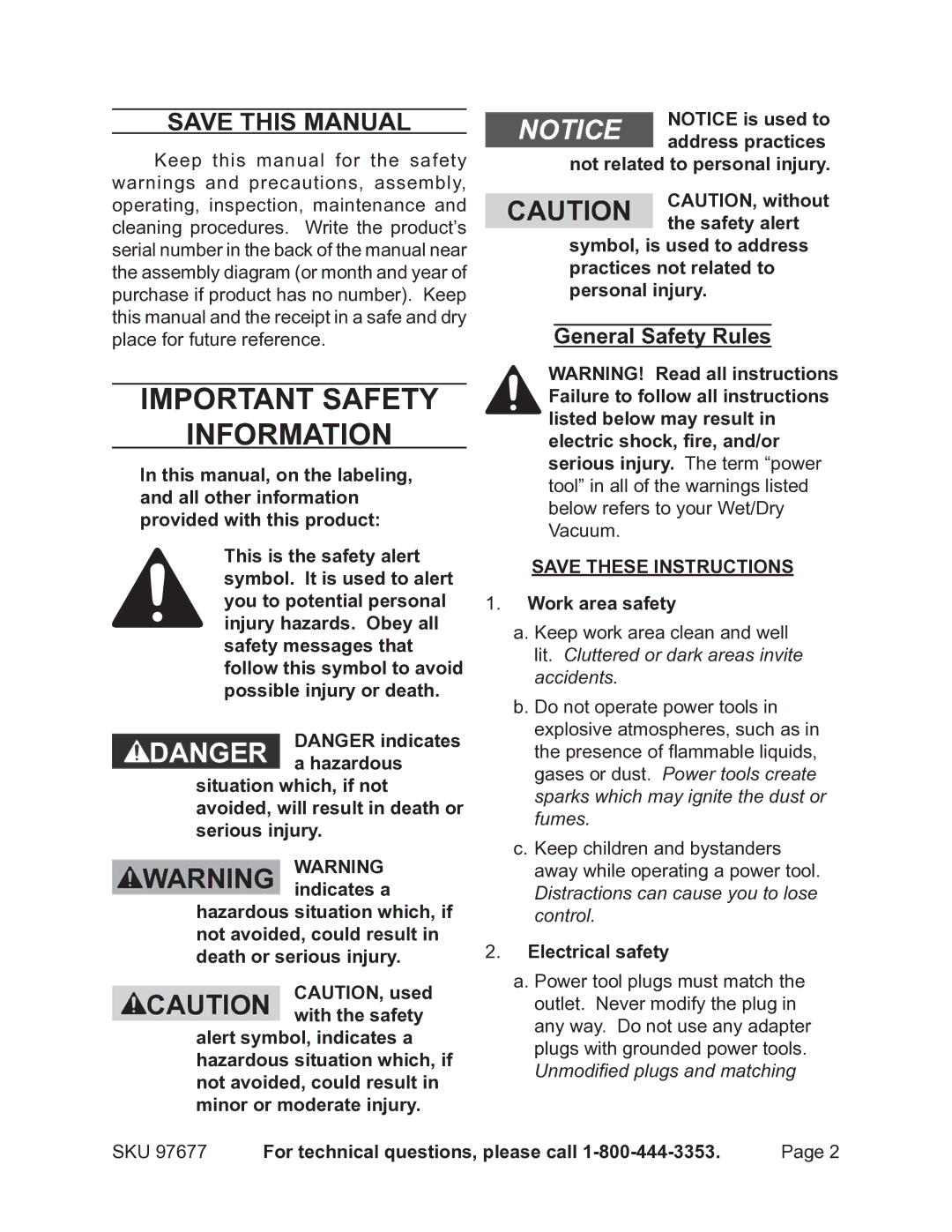 Chicago Electric 97677 manual Save This Manual, General Safety Rules, Work area safety, Electrical safety 