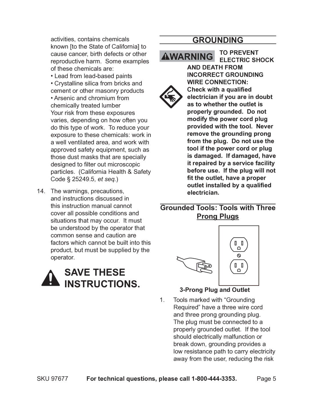 Chicago Electric 97677 manual Grounding, Grounded Tools Tools with Three Prong Plugs, Prong Plug and Outlet 