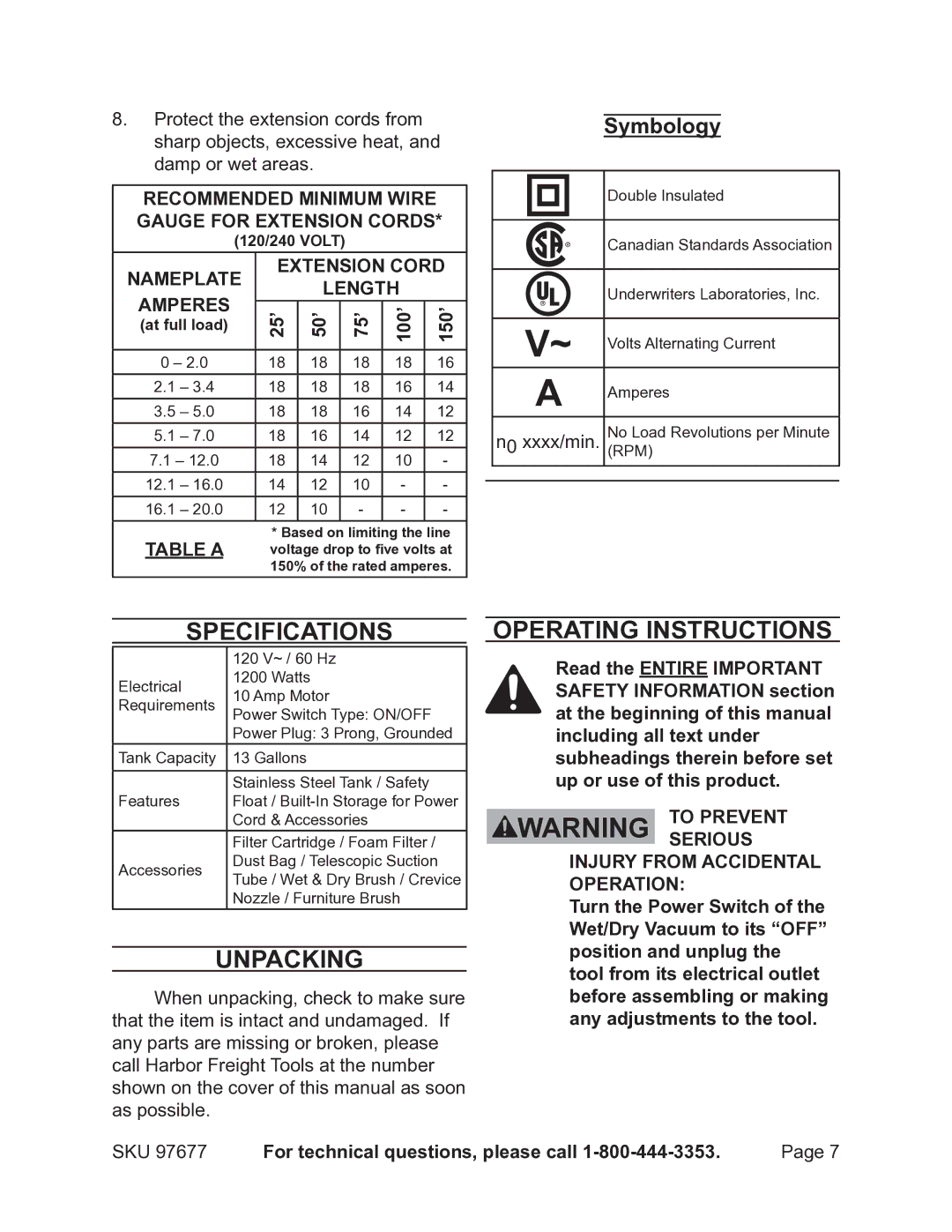 Chicago Electric 97677 manual Specifications, Unpacking, Operating Instructions, 25’ 50’ 75’ 