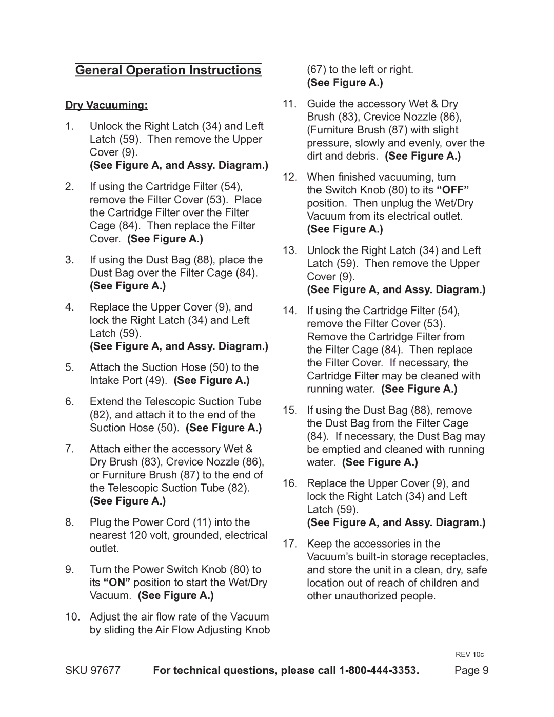 Chicago Electric 97677 manual General Operation Instructions, Dry Vacuuming, See Figure A, and Assy. Diagram 