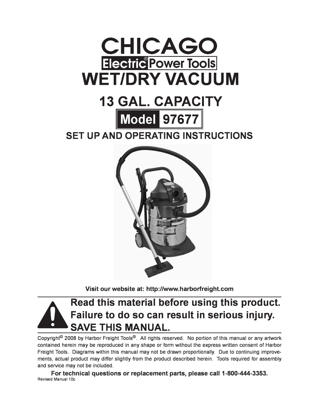 Chicago Electric 97677 manual Wet/Dry Vacuum, 13 GAL. CAPACITY, Model, Set up and Operating Instructions 