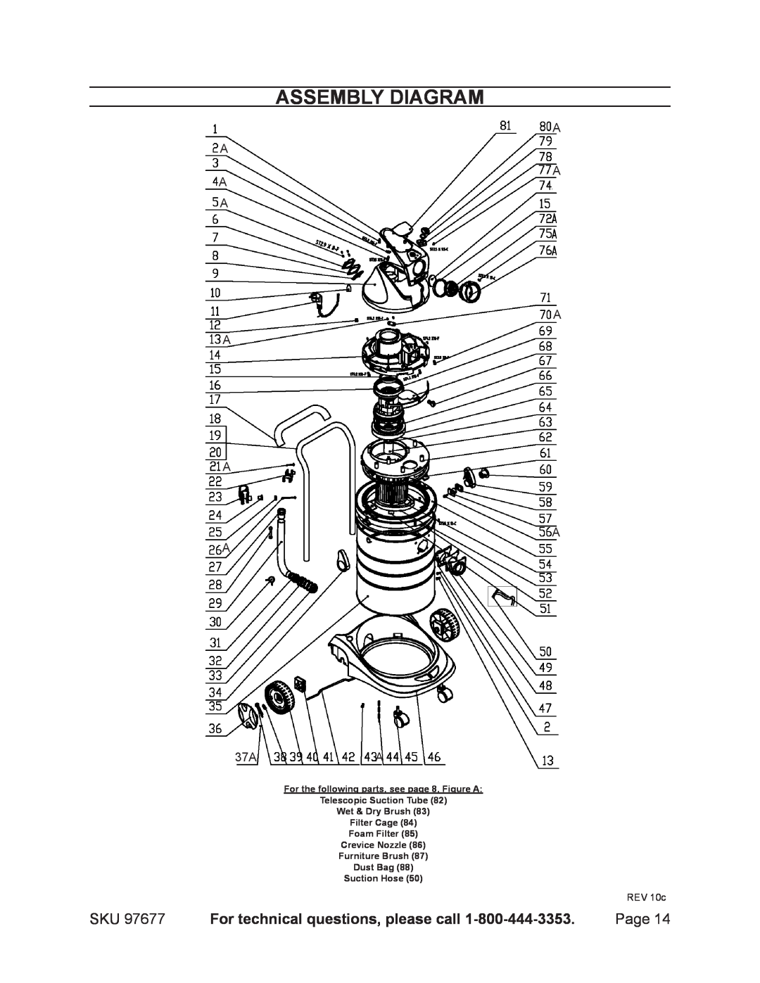 Chicago Electric 97677 manual Assembly Diagram, For the following parts, see page 8, Figure A Telescopic Suction Tube 