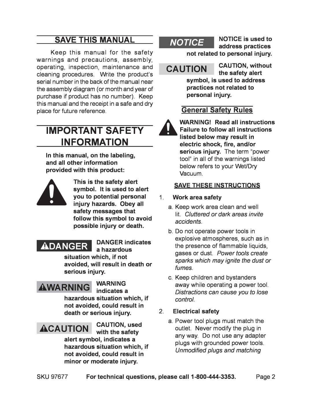 Chicago Electric 97677 manual Important SAFETY Information, Save This Manual, Danger, Warning Warning 