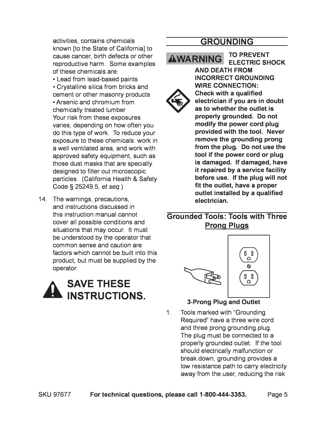 Chicago Electric 97677 manual Save these instructions, Grounding 
