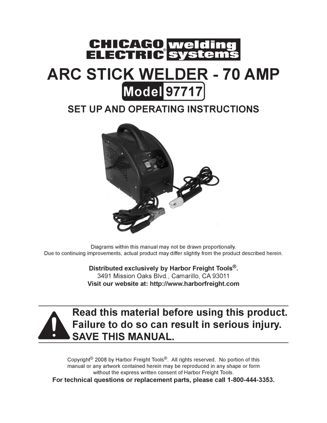 Chicago Electric 97717 operating instructions Distributed exclusively by Harbor Freight Tools 