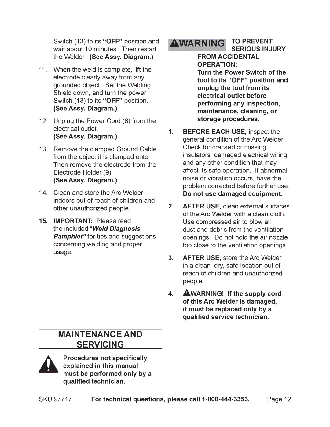 Chicago Electric 97717 operating instructions Maintenance Servicing 