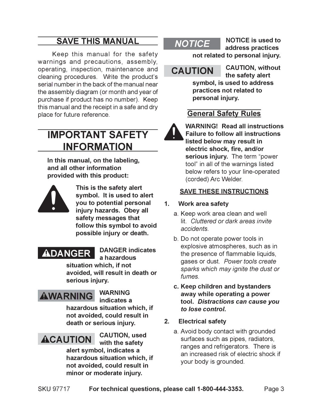 Chicago Electric 97717 operating instructions Save This Manual, General Safety Rules, Work area safety 