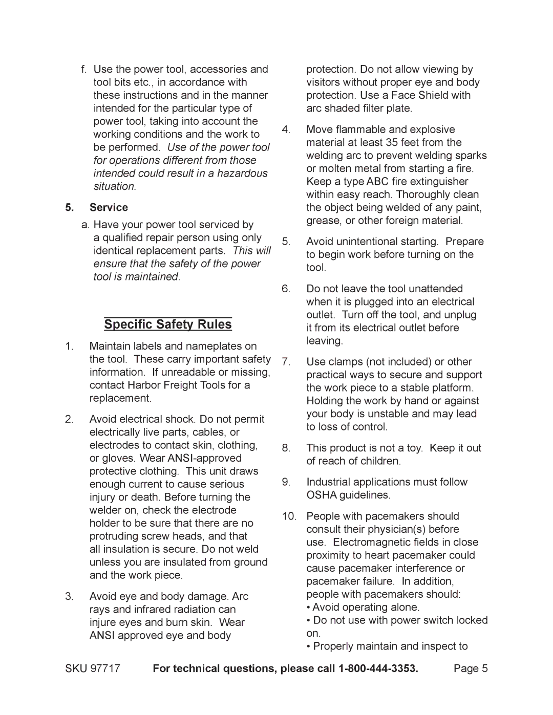 Chicago Electric 97717 operating instructions Specific Safety Rules, Service 