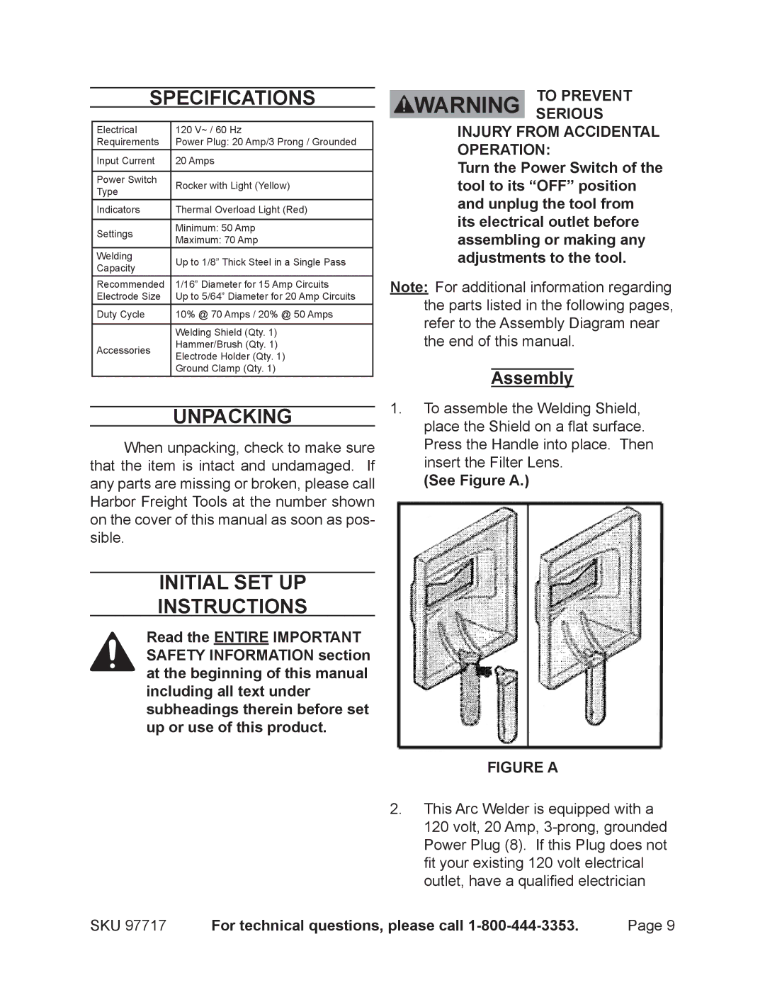 Chicago Electric 97717 Specifications, Unpacking, Initial Set Up Instructions, Assembly, See Figure a 