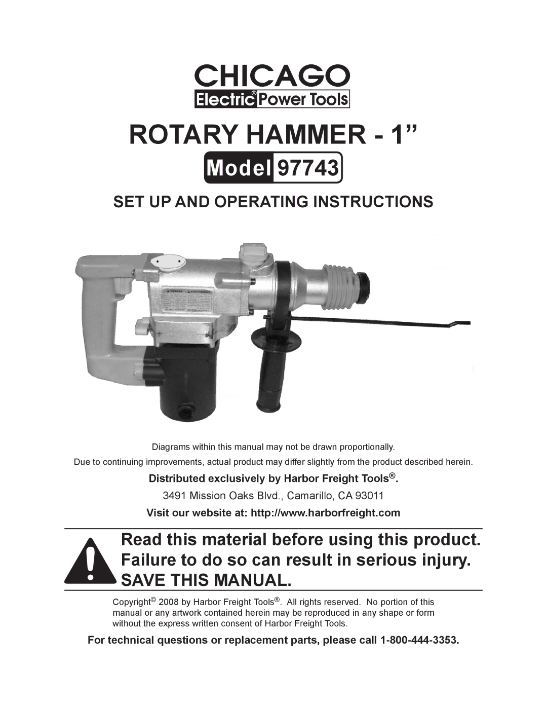 Chicago Electric 97743 operating instructions Distributed exclusively by Harbor Freight Tools 