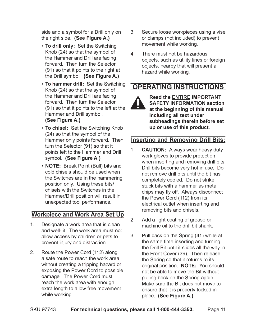 Chicago Electric 97743 Operating Instructions, Workpiece and Work Area Set Up, Inserting and Removing Drill Bits 