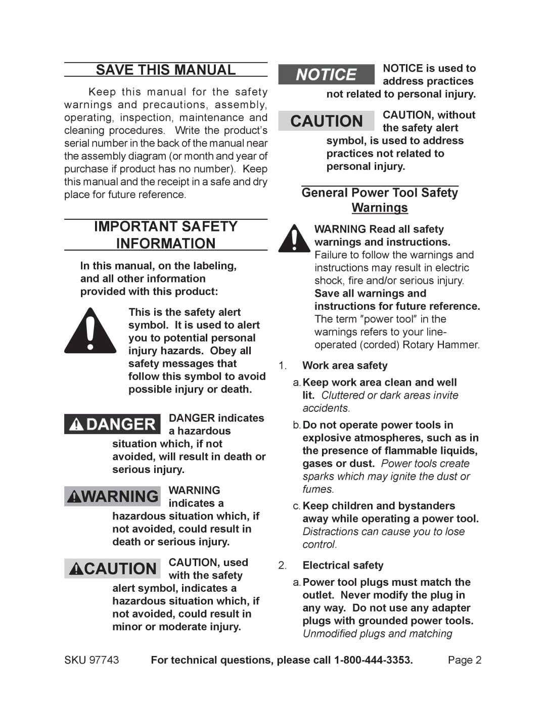 Chicago Electric 97743 operating instructions Save This Manual, Important Safety Information, General Power Tool Safety 