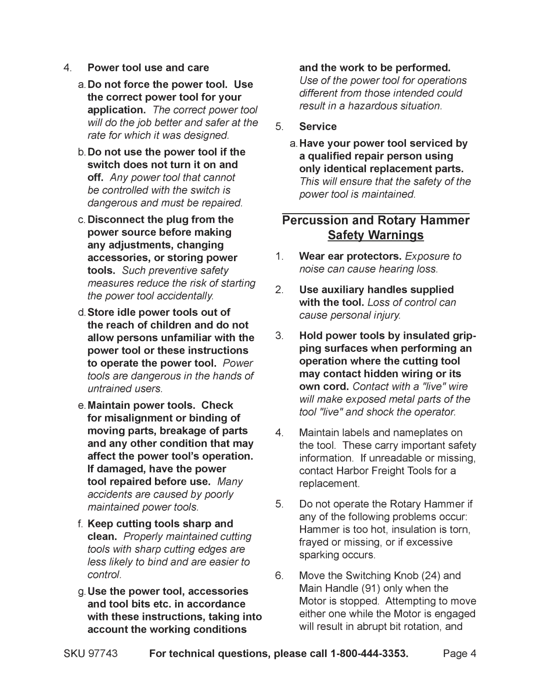 Chicago Electric 97743 operating instructions Percussion and Rotary Hammer Safety Warnings 