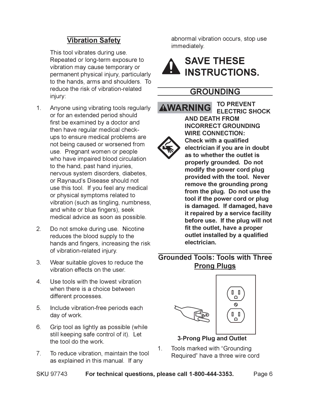 Chicago Electric 97743 Grounding, Vibration Safety, Grounded Tools Tools with Three Prong Plugs, Prong Plug and Outlet 