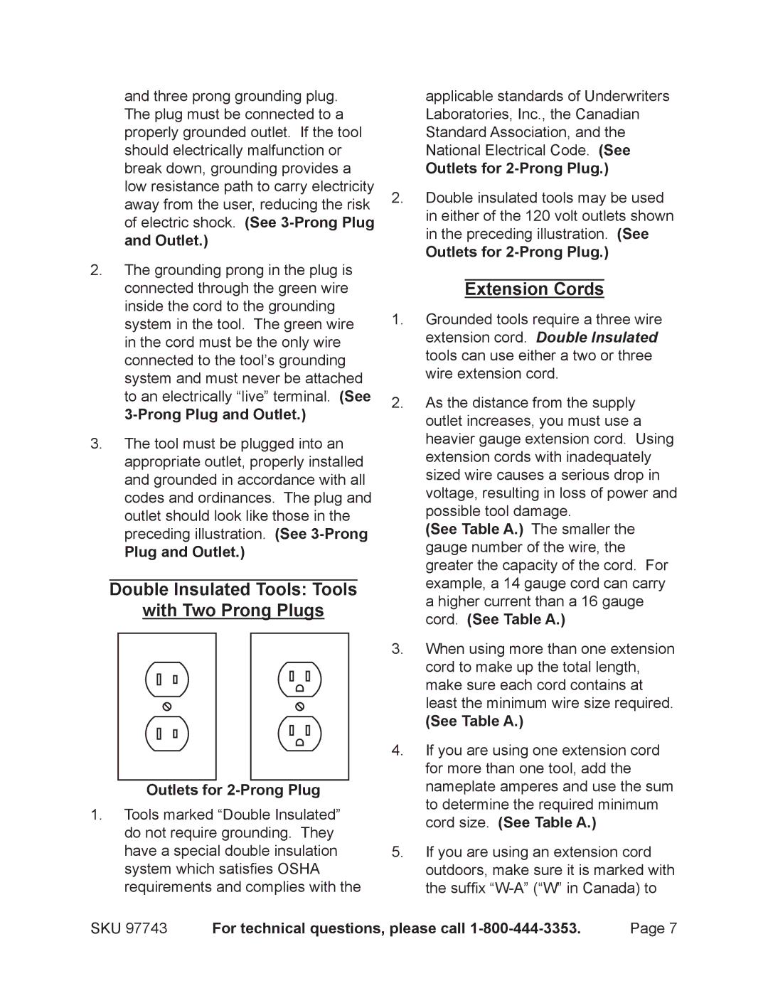 Chicago Electric 97743 Double Insulated Tools Tools With Two Prong Plugs, Extension Cords, Plug and Outlet, See Table a 