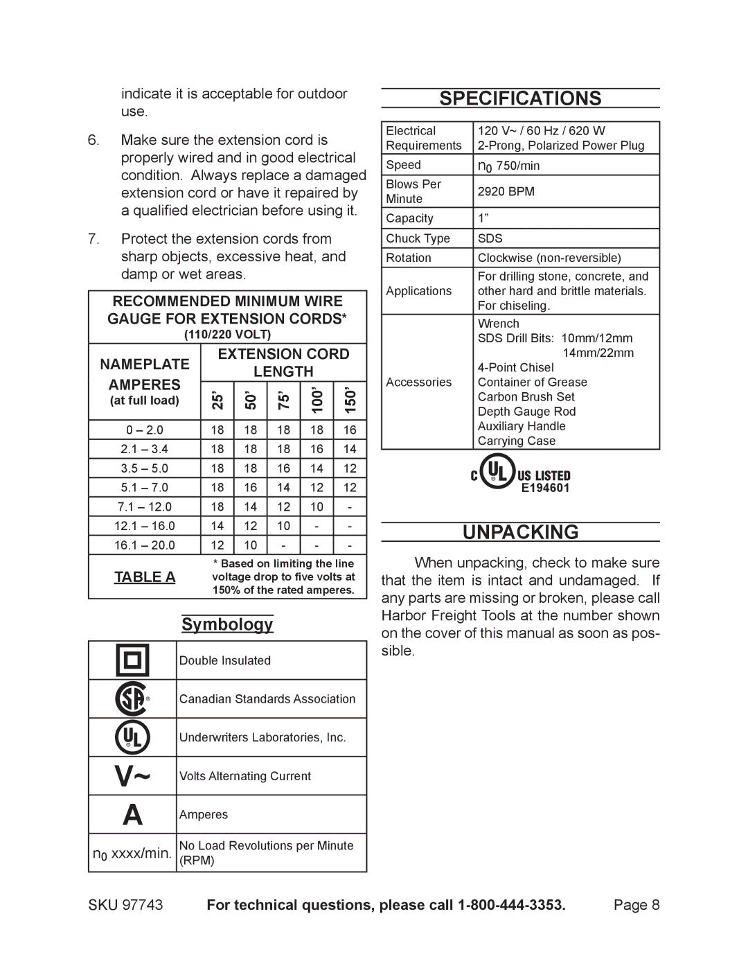 Chicago Electric 97743 operating instructions Specifications, Unpacking, Symbology, 25’ 50’ 75’ 