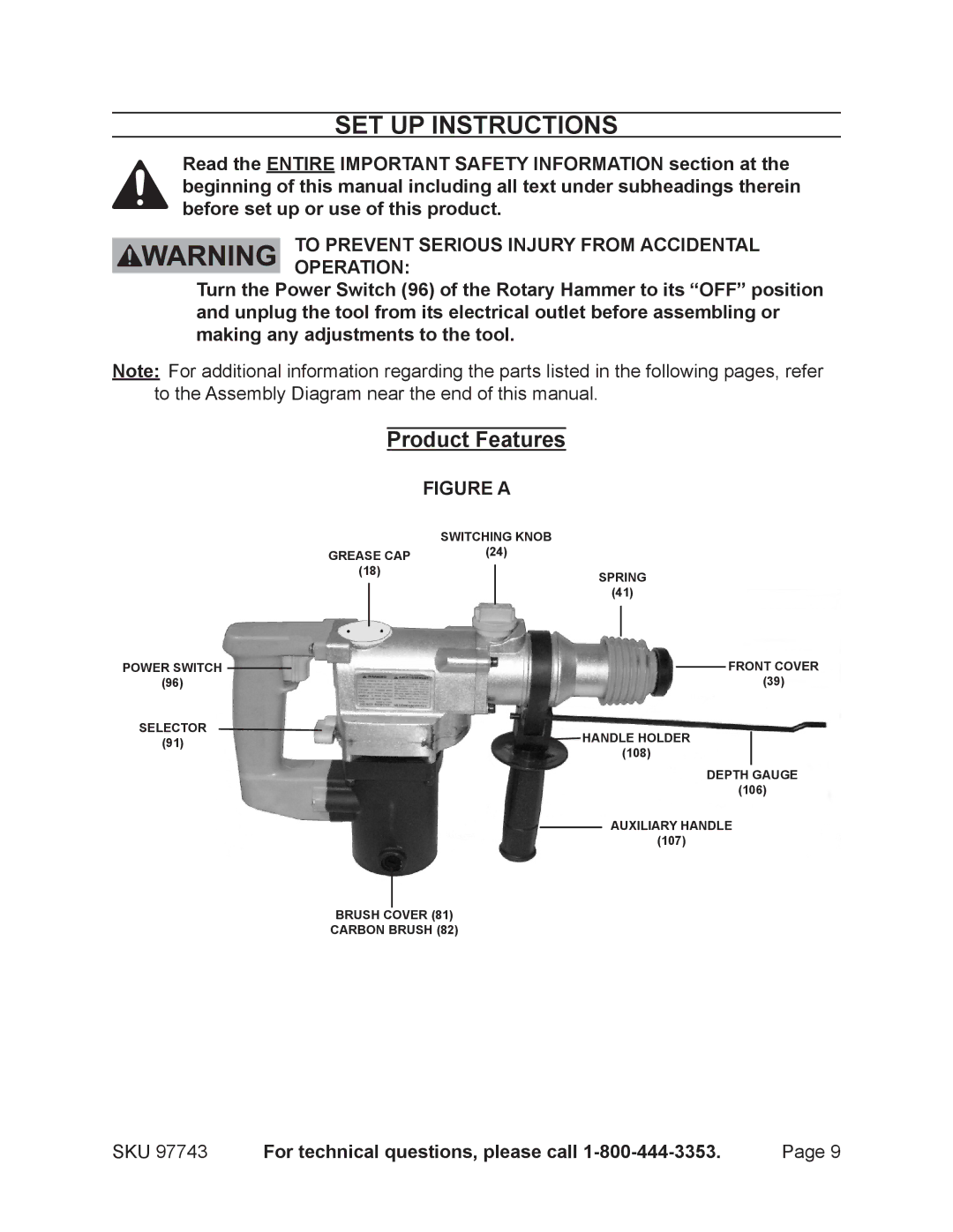 Chicago Electric 97743 operating instructions Set up Instructions, Product Features 