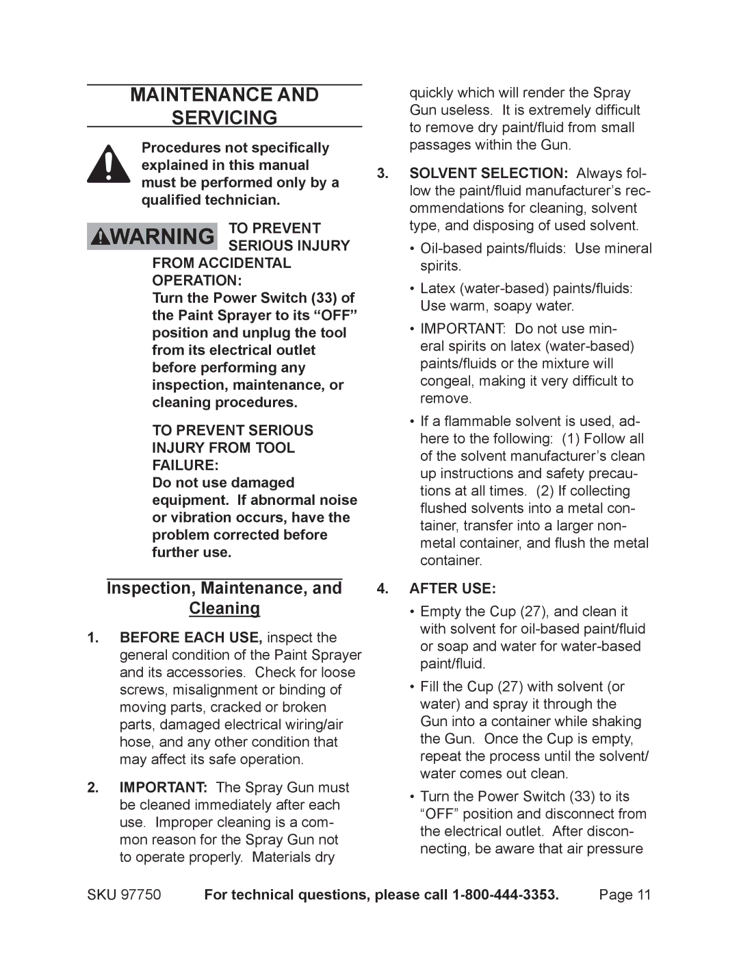 Chicago Electric 97750 operating instructions Maintenance Servicing, Inspection, Maintenance, Cleaning, After Use 