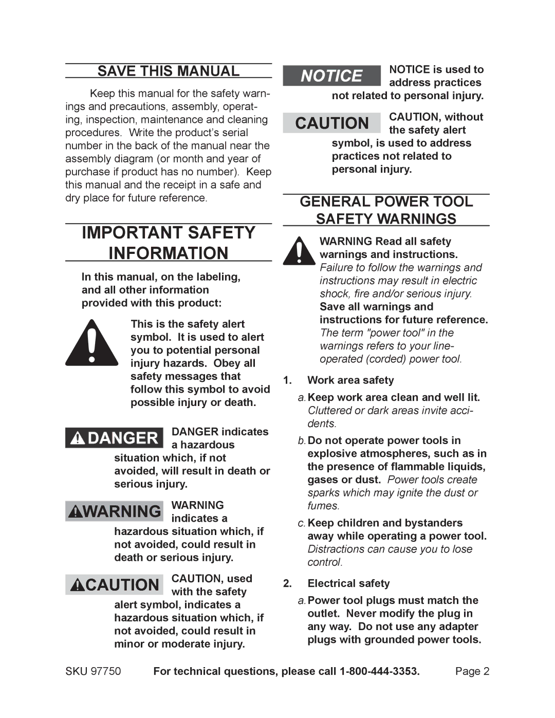 Chicago Electric 97750 Save This Manual, General Power Tool Safety Warnings, For technical questions, please call 