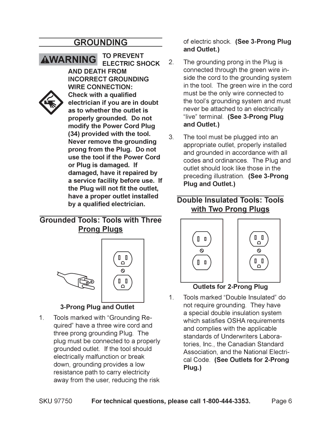 Chicago Electric 97750 operating instructions Grounding, Double Insulated Tools Tools With Two Prong Plugs 