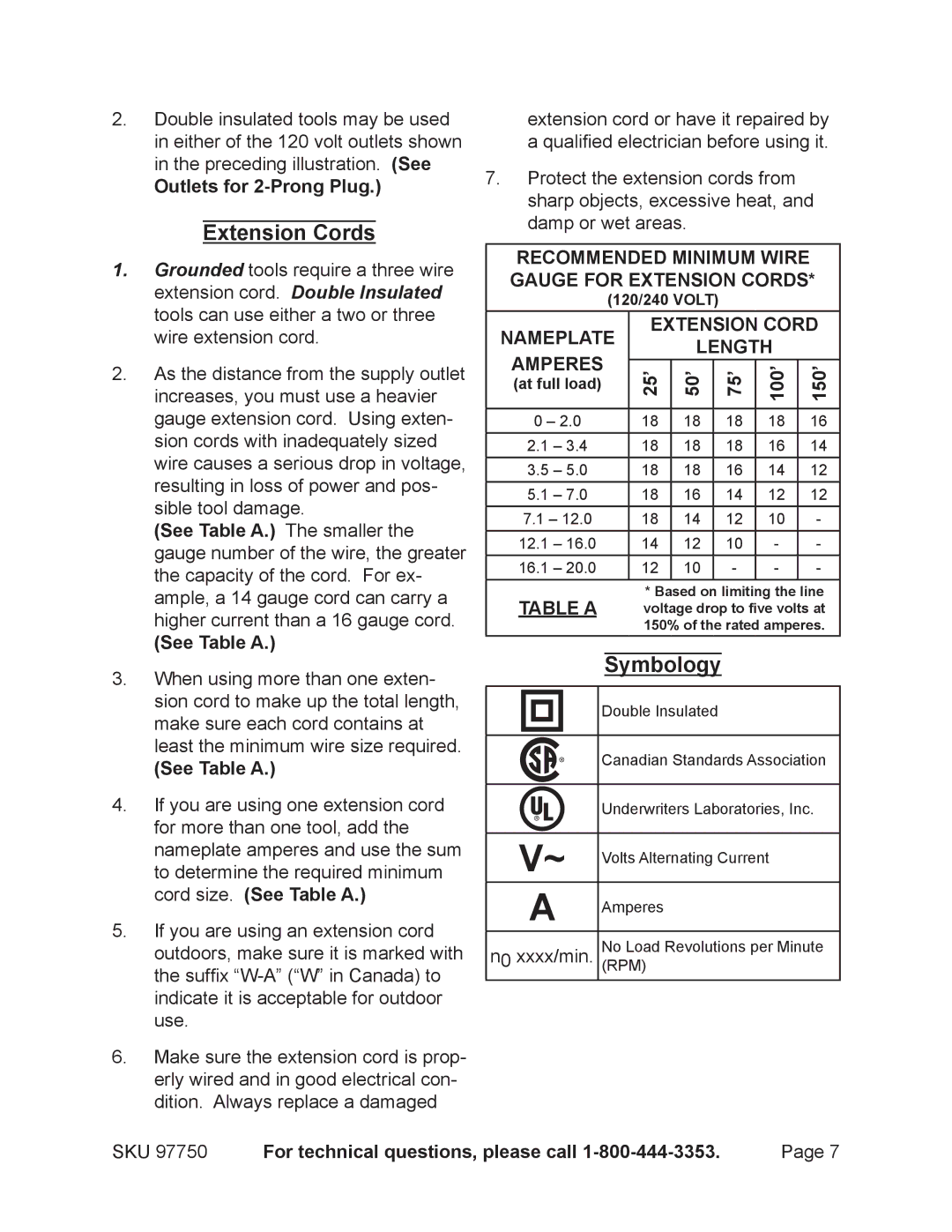 Chicago Electric 97750 operating instructions Extension Cords, Symbology, See Table a, 25’ 50’ 75’ 