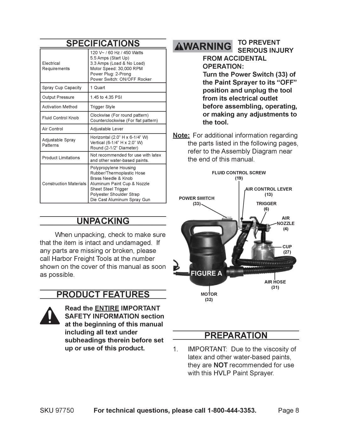 Chicago Electric 97750 operating instructions Specifications, Unpacking, Product Features, Preparation 