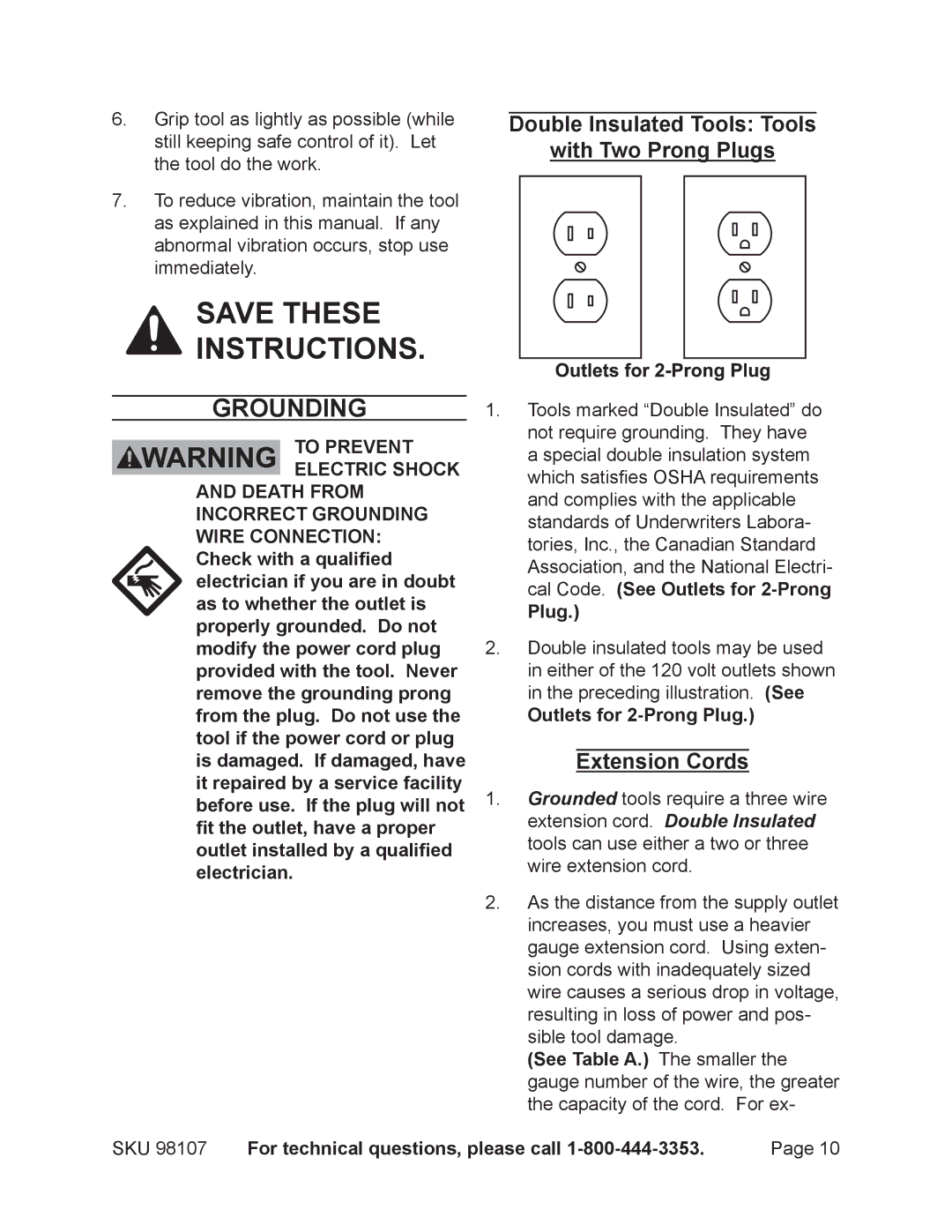 Chicago Electric 98107 operating instructions Grounding, Double Insulated Tools Tools With Two Prong Plugs, Extension Cords 