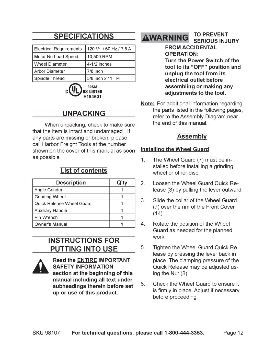 Chicago Electric 98107 Specifications, Unpacking, Instructions for putting into use, List of contents, Assembly 