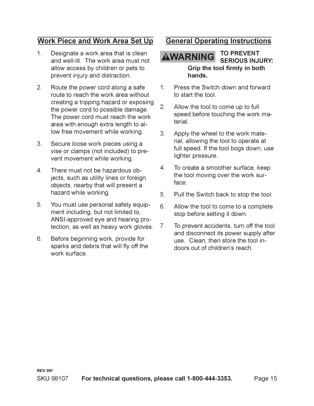 Chicago Electric 98107 operating instructions Work Piece and Work Area Set Up, General Operating Instructions 