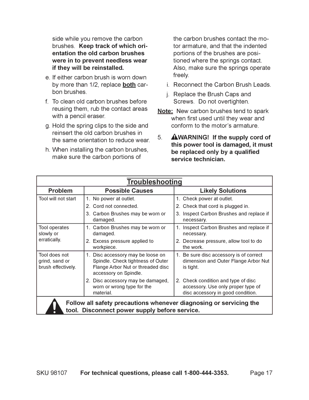 Chicago Electric 98107 operating instructions Troubleshooting, Problem Possible Causes Likely Solutions 