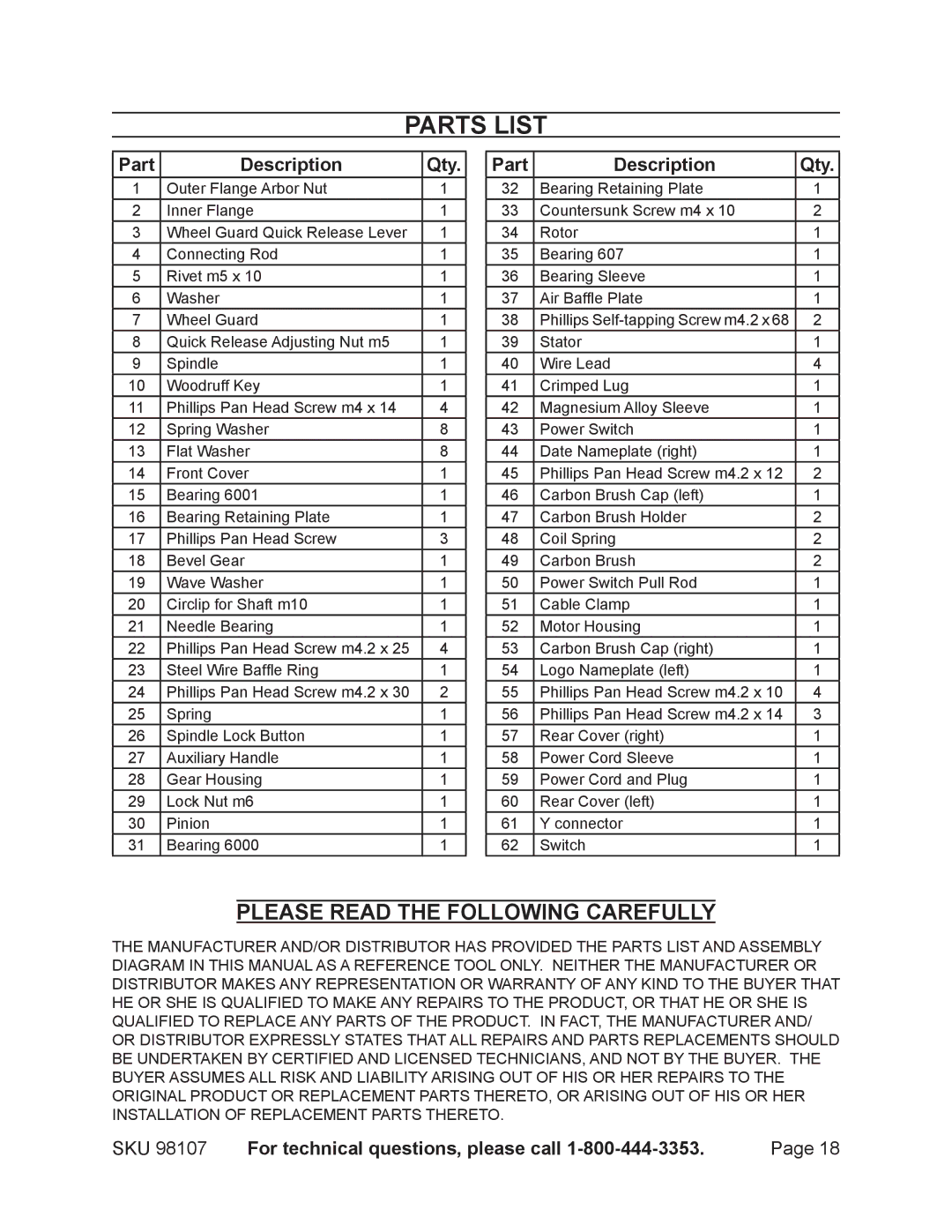 Chicago Electric 98107 operating instructions Parts List, Part Description Qty 