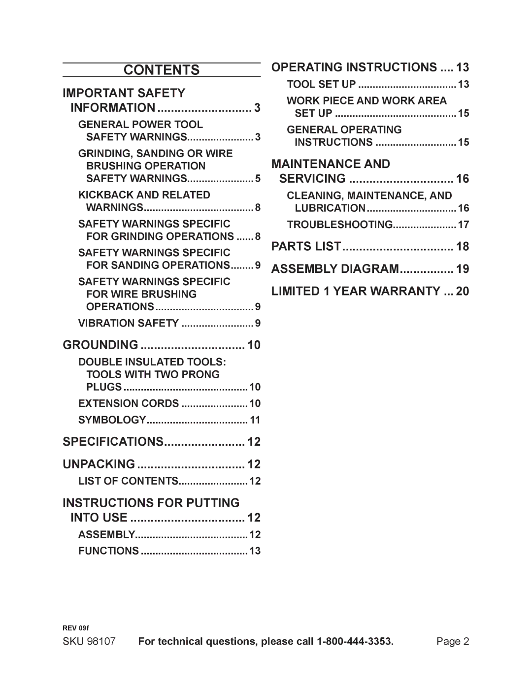 Chicago Electric 98107 operating instructions Contents 