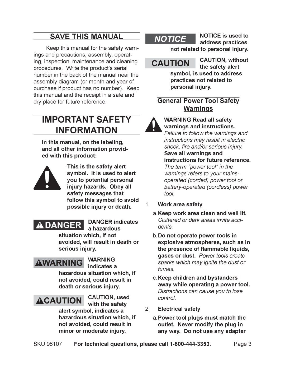 Chicago Electric 98107 operating instructions Save This Manual, General Power Tool Safety 