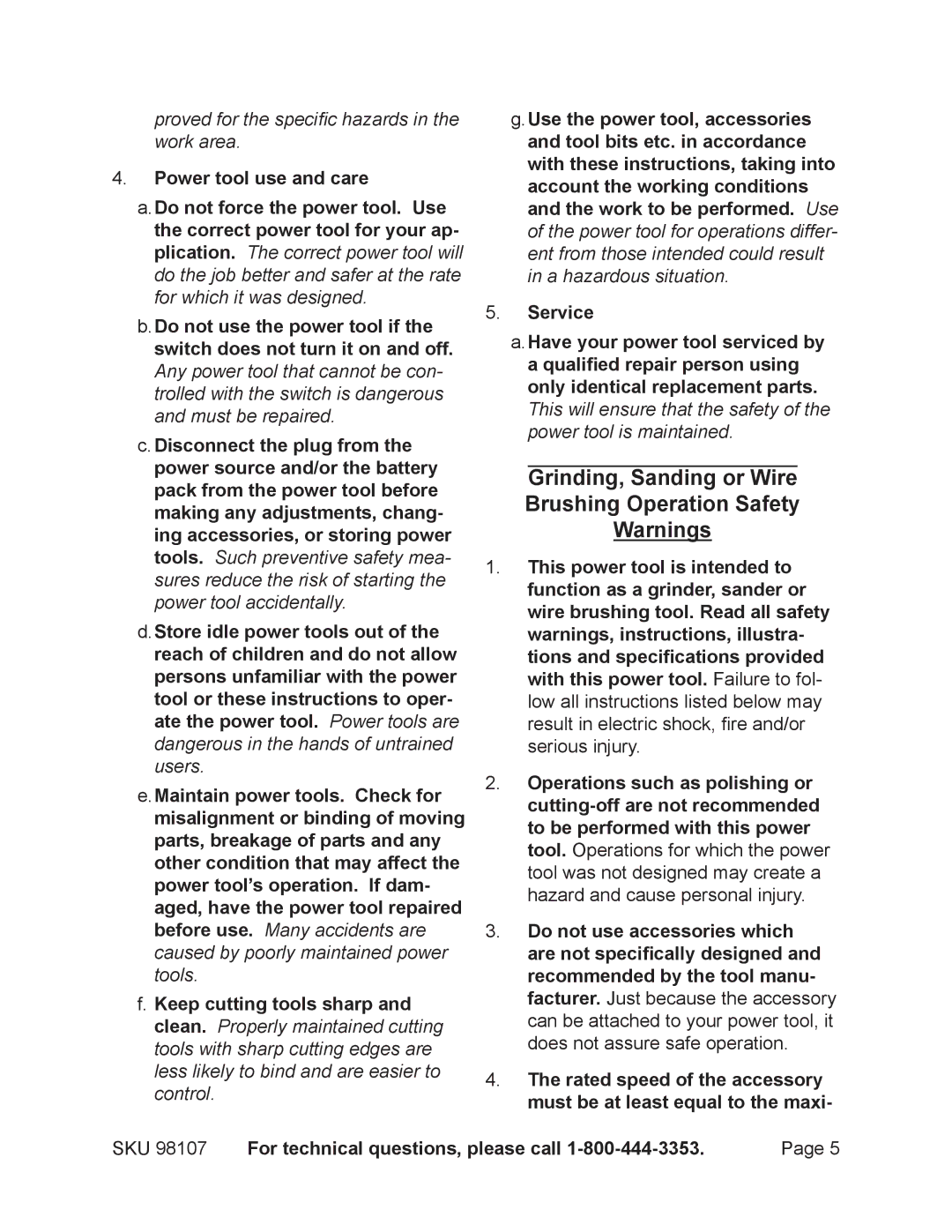 Chicago Electric 98107 operating instructions Grinding, Sanding or Wire Brushing Operation Safety Warnings 