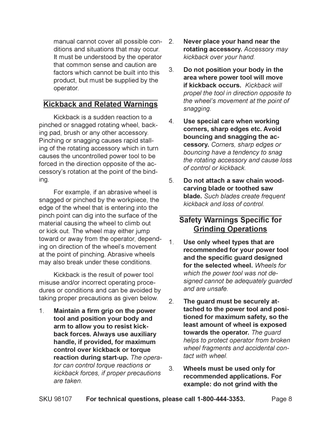 Chicago Electric 98107 Kickback and Related Warnings, Safety Warnings Specific for Grinding Operations 