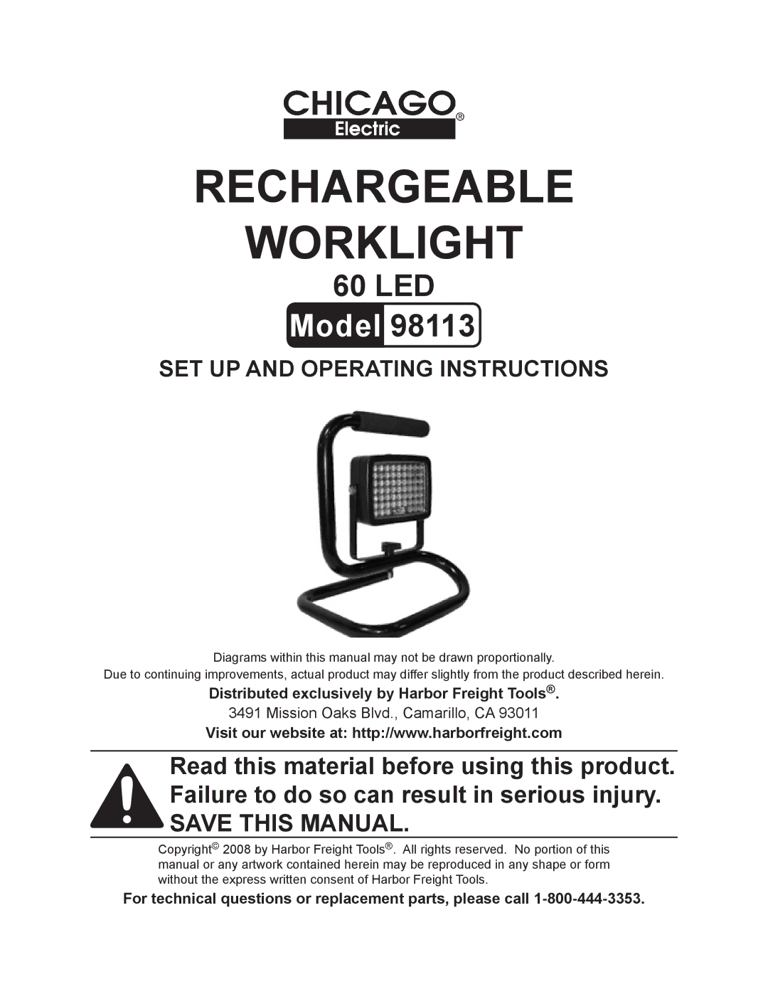 Chicago Electric 98113 operating instructions Distributed exclusively by Harbor Freight Tools 