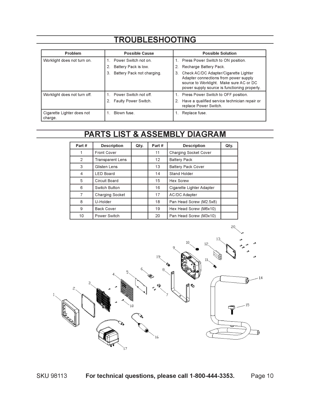 Chicago Electric 98113 operating instructions Troubleshooting, Parts List & Assembly Diagram 