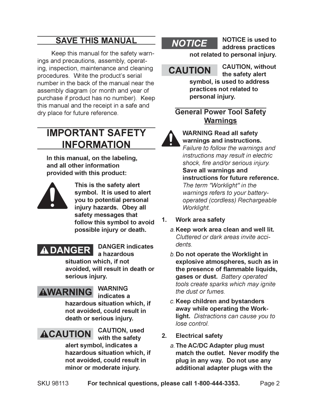 Chicago Electric 98113 Save This Manual, General Power Tool Safety, For technical questions, please call 