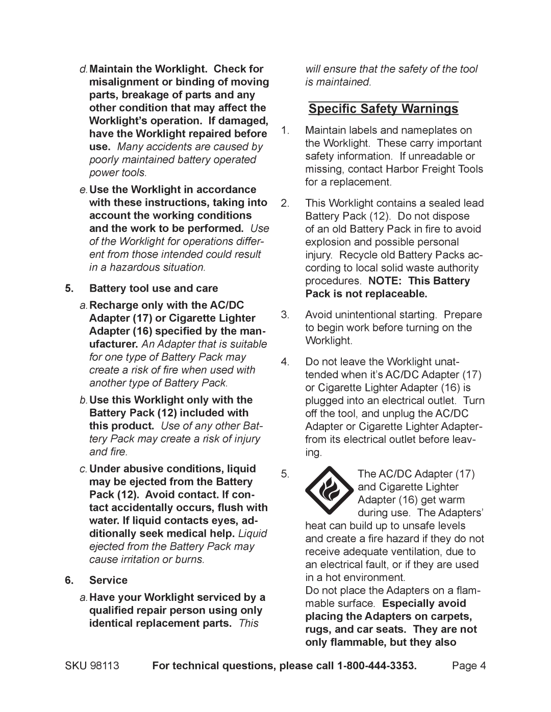 Chicago Electric 98113 operating instructions Specific Safety Warnings, Pack is not replaceable 