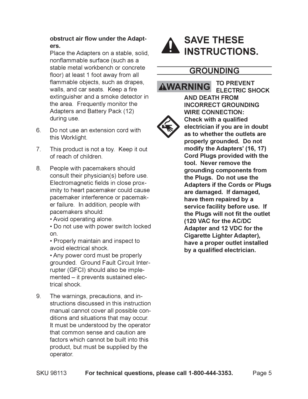 Chicago Electric 98113 operating instructions Grounding, Obstruct air flow under the Adapt- ers 