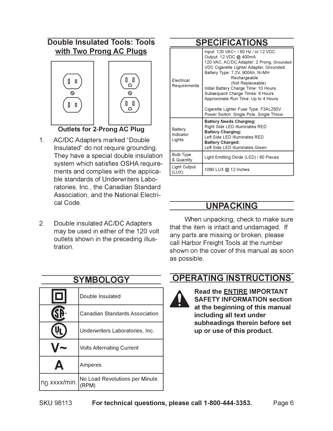 Chicago Electric 98113 operating instructions Specifications, Unpacking, Symbology, Operating Instructions 