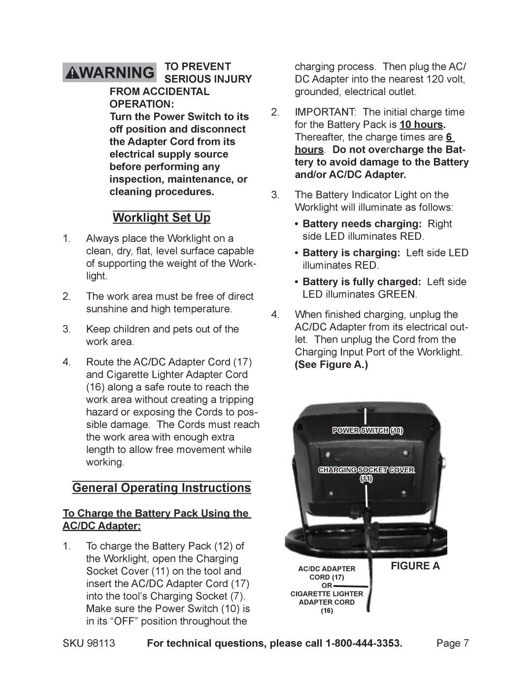 Chicago Electric 98113 operating instructions Worklight Set Up, General Operating Instructions, See Figure a 