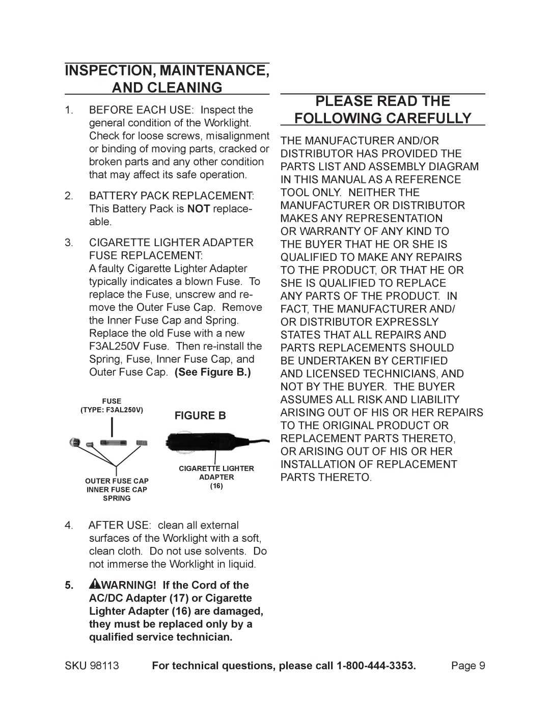 Chicago Electric 98113 operating instructions Inspection, Maintenance Cleaning, Please Read Following Carefully 