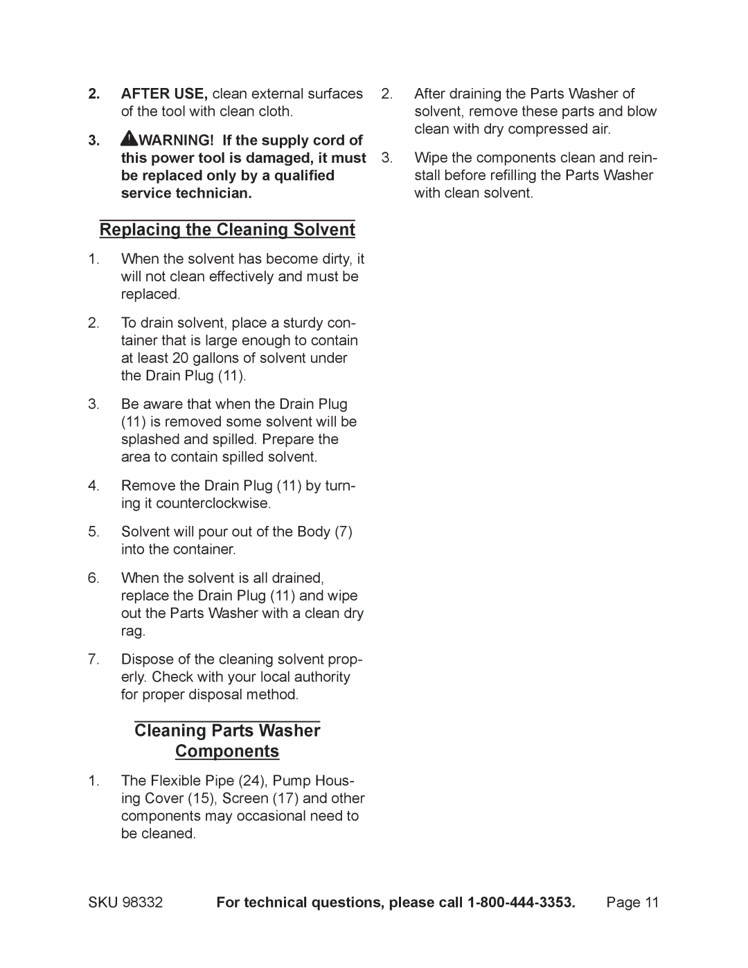 Chicago Electric 98332 operating instructions Replacing the Cleaning Solvent, Cleaning Parts Washer Components 