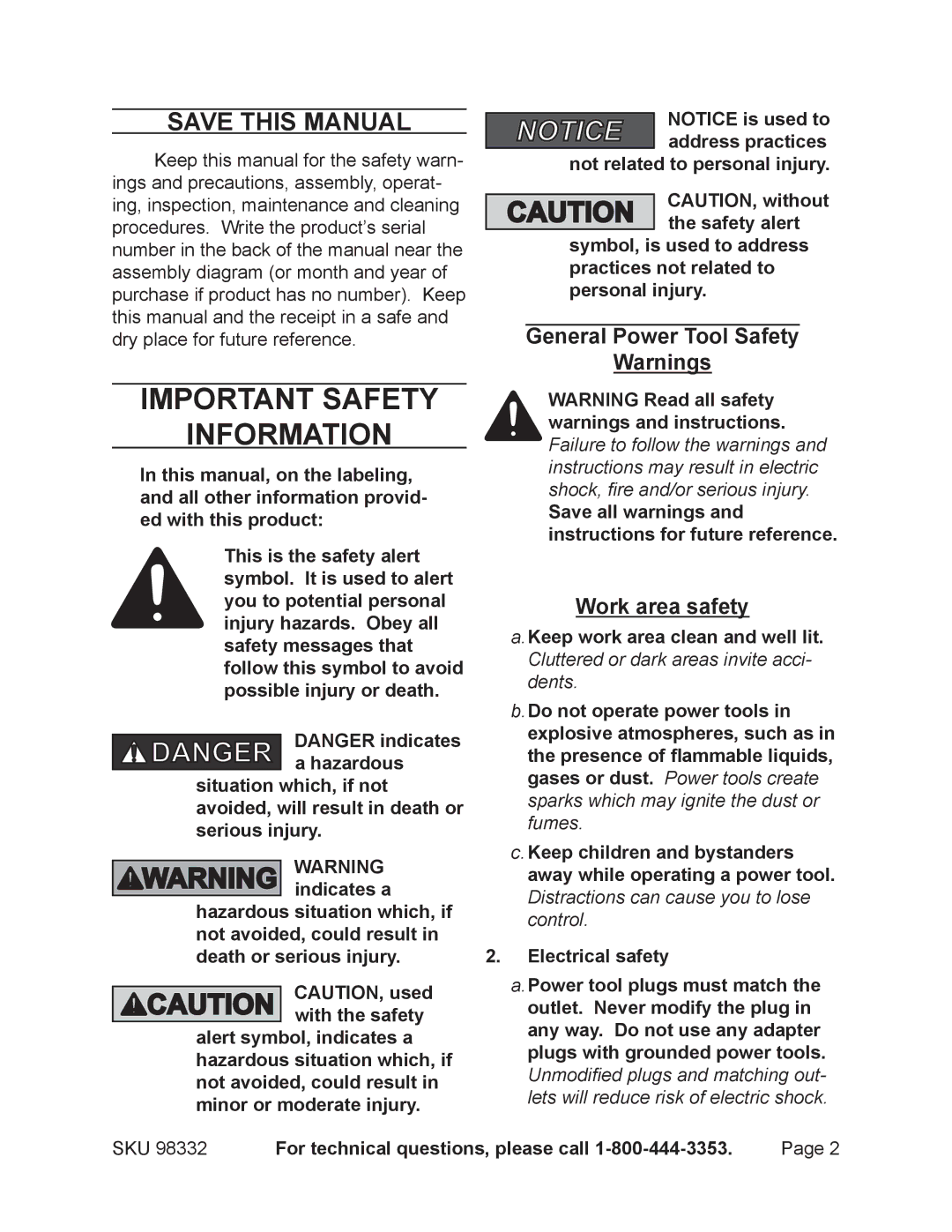 Chicago Electric 98332 Save This Manual, General Power Tool Safety, Work area safety, For technical questions, please call 