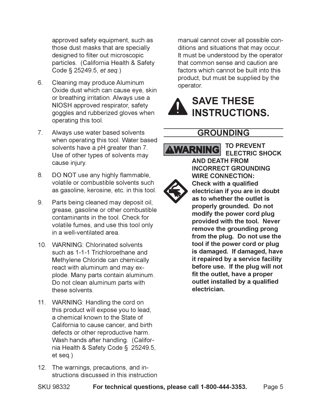 Chicago Electric 98332 operating instructions Grounding 