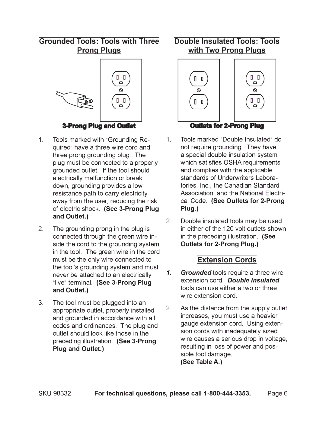 Chicago Electric 98332 operating instructions Double Insulated Tools Tools With Two Prong Plugs 