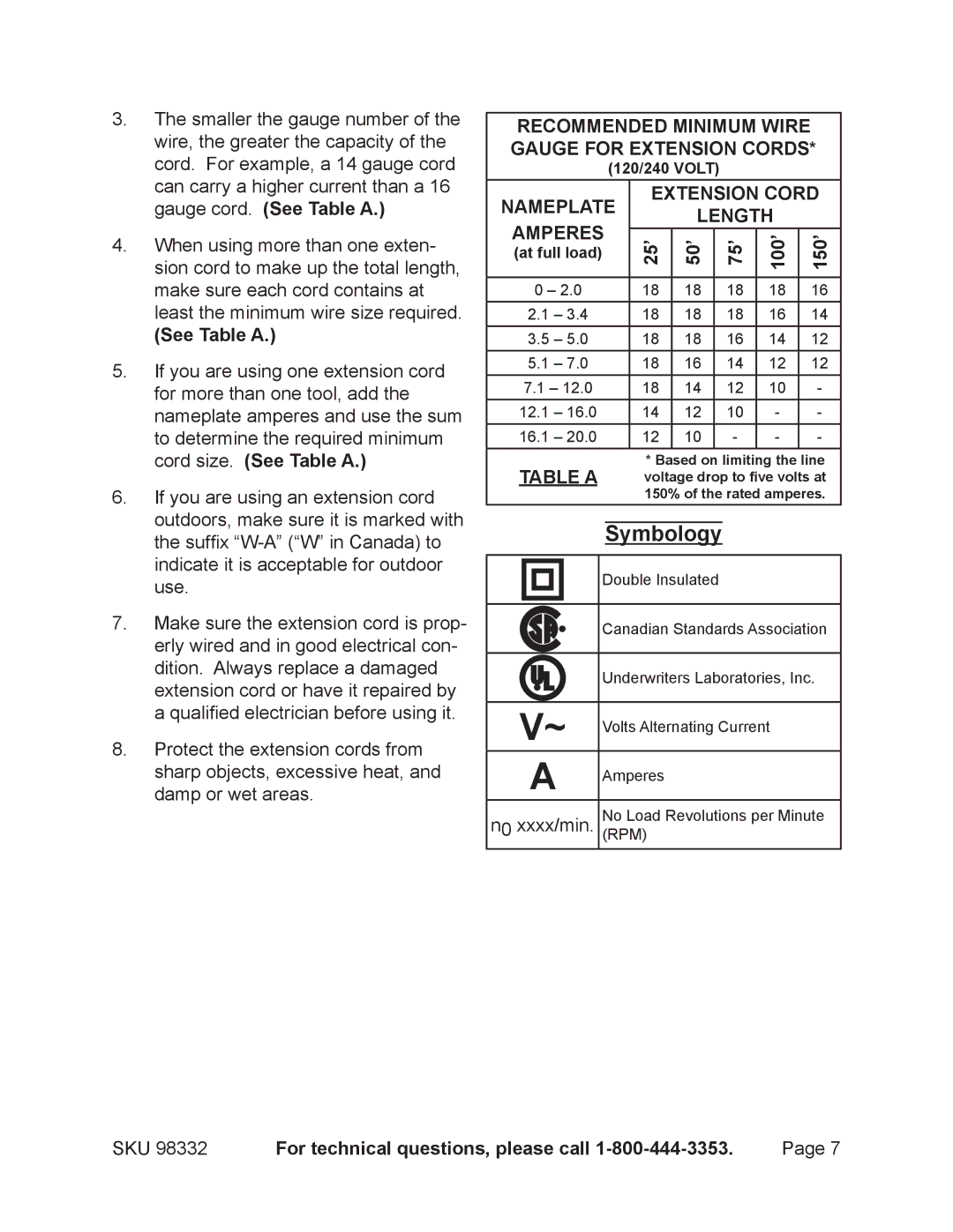 Chicago Electric 98332 operating instructions Symbology, 25’ 50’ 75’ 