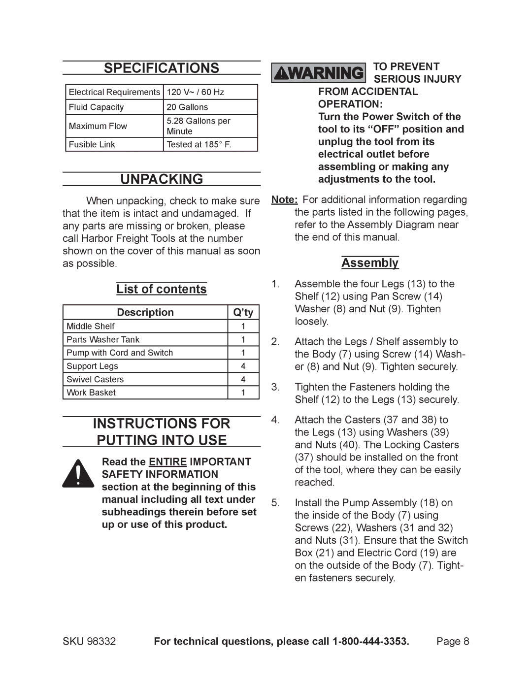 Chicago Electric 98332 Specifications, Unpacking, Instructions for putting into use, List of contents, Assembly 