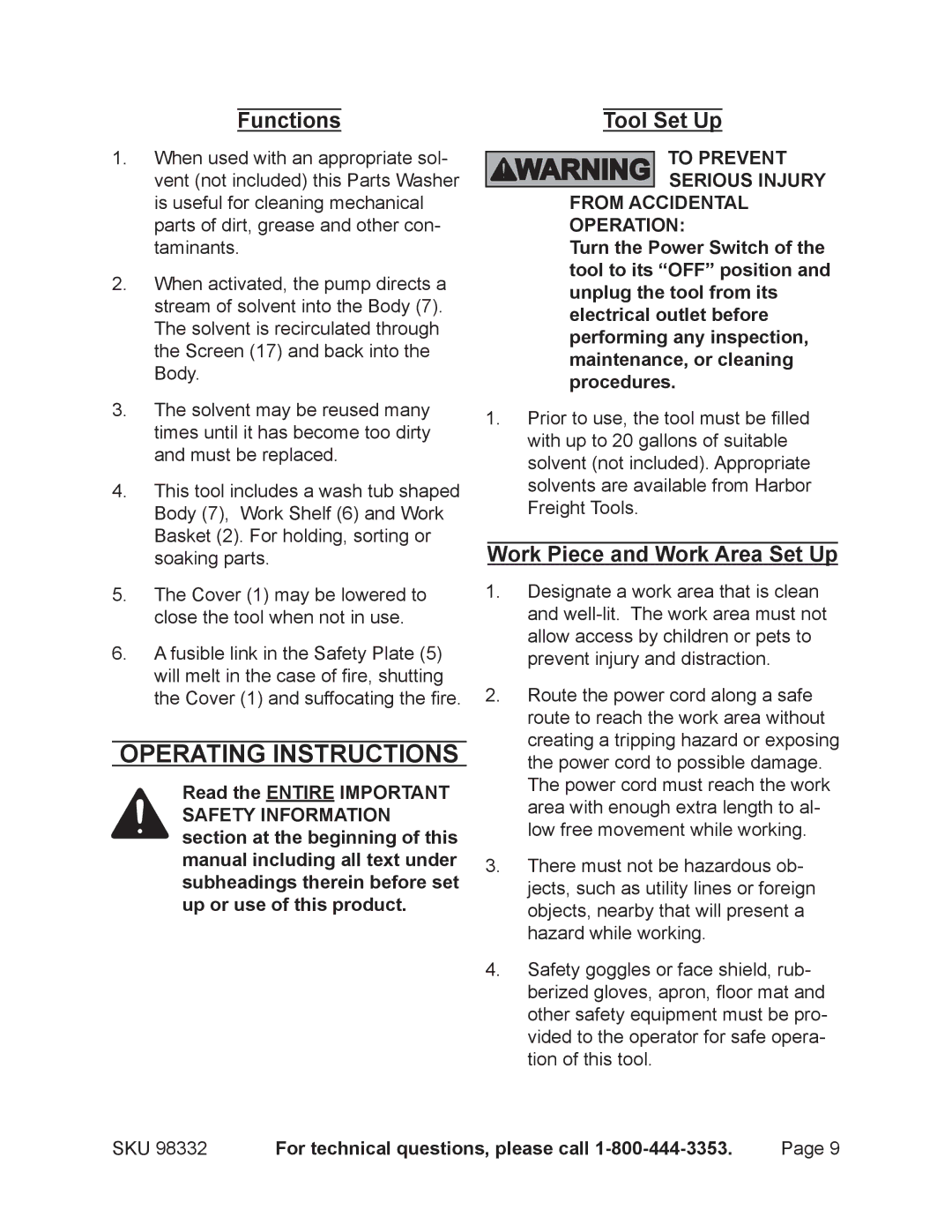 Chicago Electric 98332 operating instructions Operating Instructions, Functions, Work Piece and Work Area Set Up 